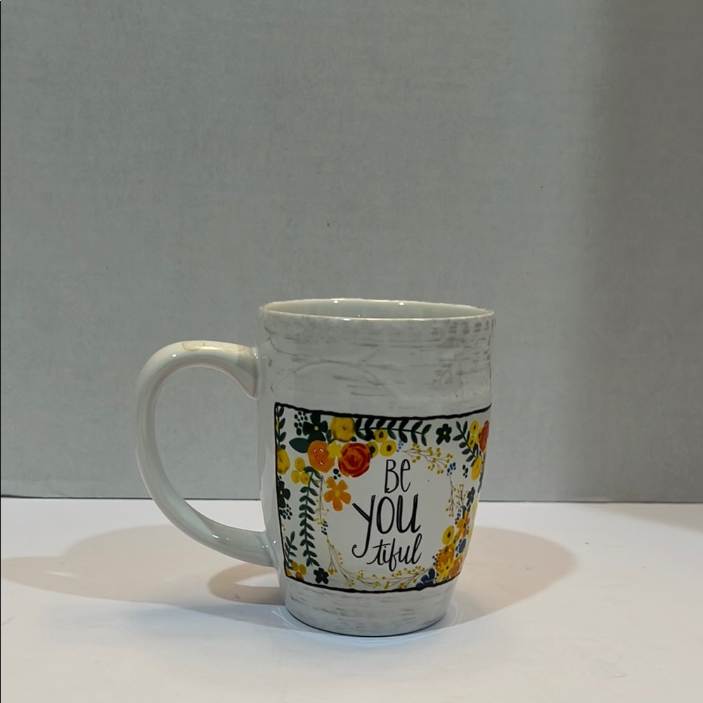 Be You Tiful Ceramic Mug floral rustic design. USED